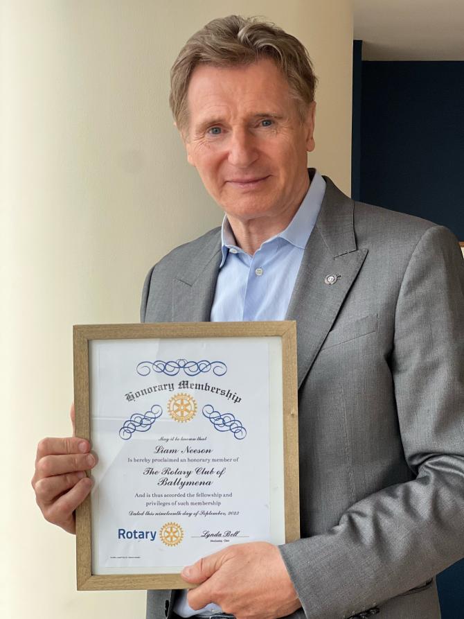 Liam Neeson awarded honorary membership of Ballymena Rotary Club